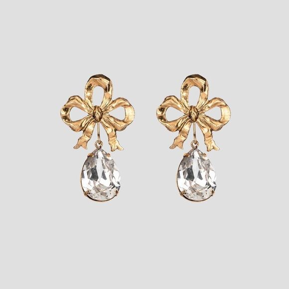 Gold Bow Earrings with Crystal Drop A1079 - Picture 2 of 4